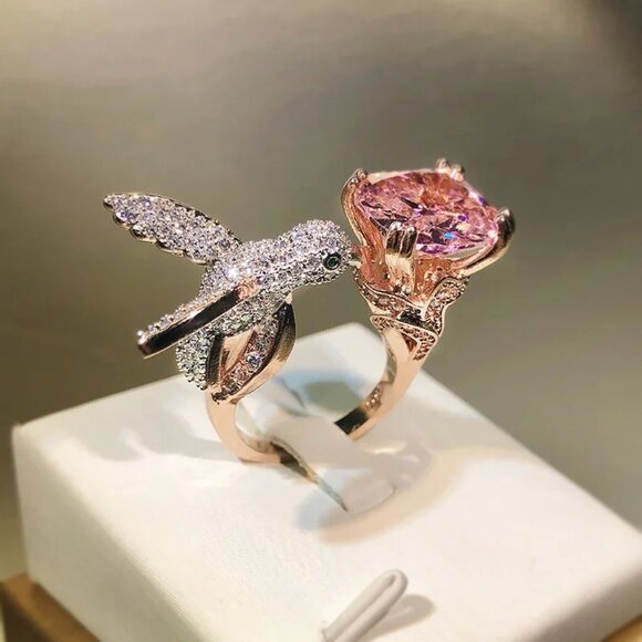 Jewelry | Womens Rhinestone Pink Hummingbird Ring Adjustable | Poshmark